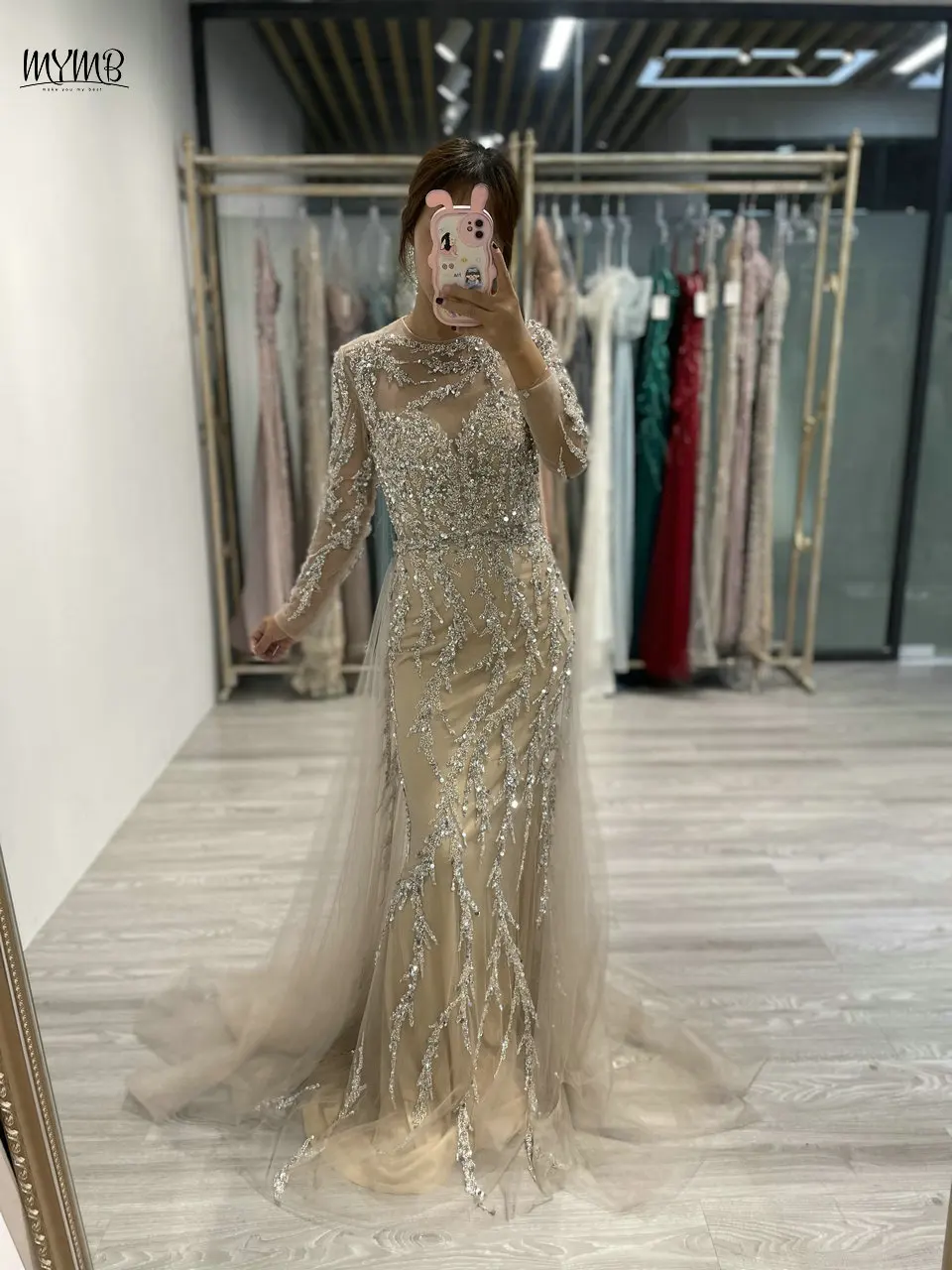 MYMB Champagne Elegant Scoop Neck Mermaid Formal Occasion Dresses Muslim Stunning Beaded Long Sleeve Tulle Evening Gown DDS067-2