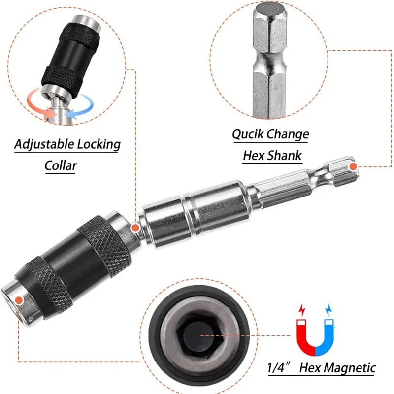 마그네틱 나사 드릴 팁, 1/4 인치 임팩트 터프 비트 거치대, 20 ° 피벗, 구부릴 수 있는 익스텐더, 퀵 체인지 잠금 회전, 1 개