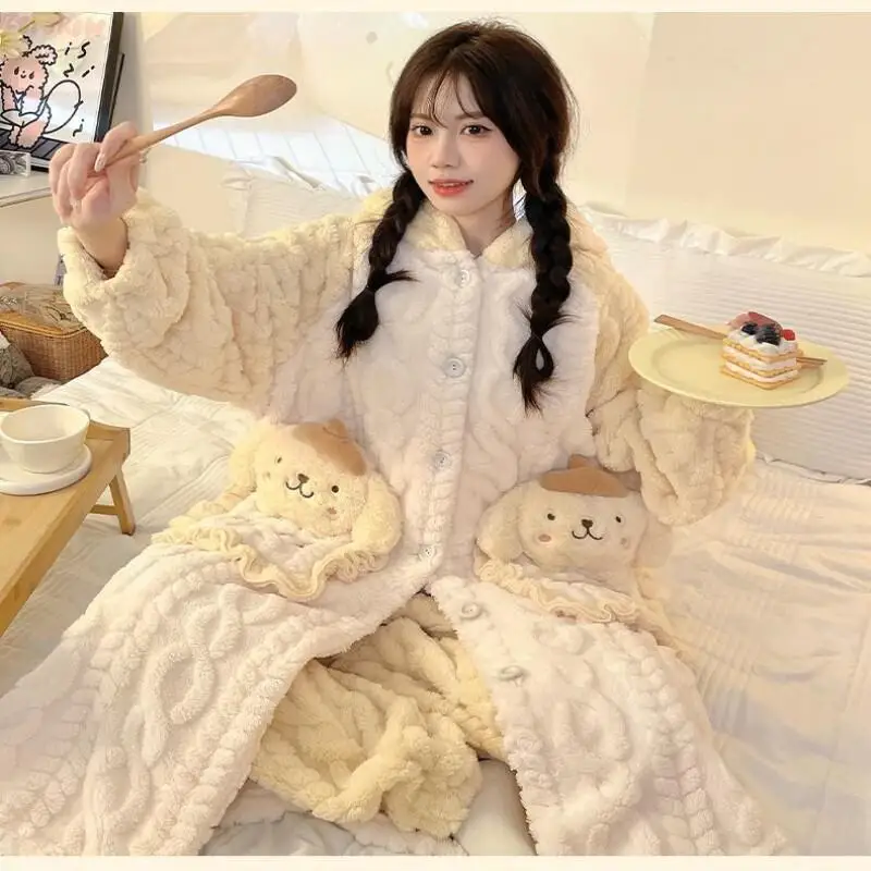 Kawaii Sanrios Pompon Purins Cartoon Pigiama Hello Kittys Ragazze Camicia da notte in velluto Inverno Addensare Accappatoio lungo Casual Abbigliamento per la casa