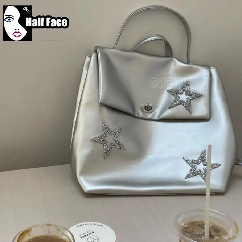 

Y2K Girl Harajuku Gothic Women Punk Lolita Sparkling Star Diamond Large Capacity Backpack Silvery Adjustable Shoulders Bags Tote