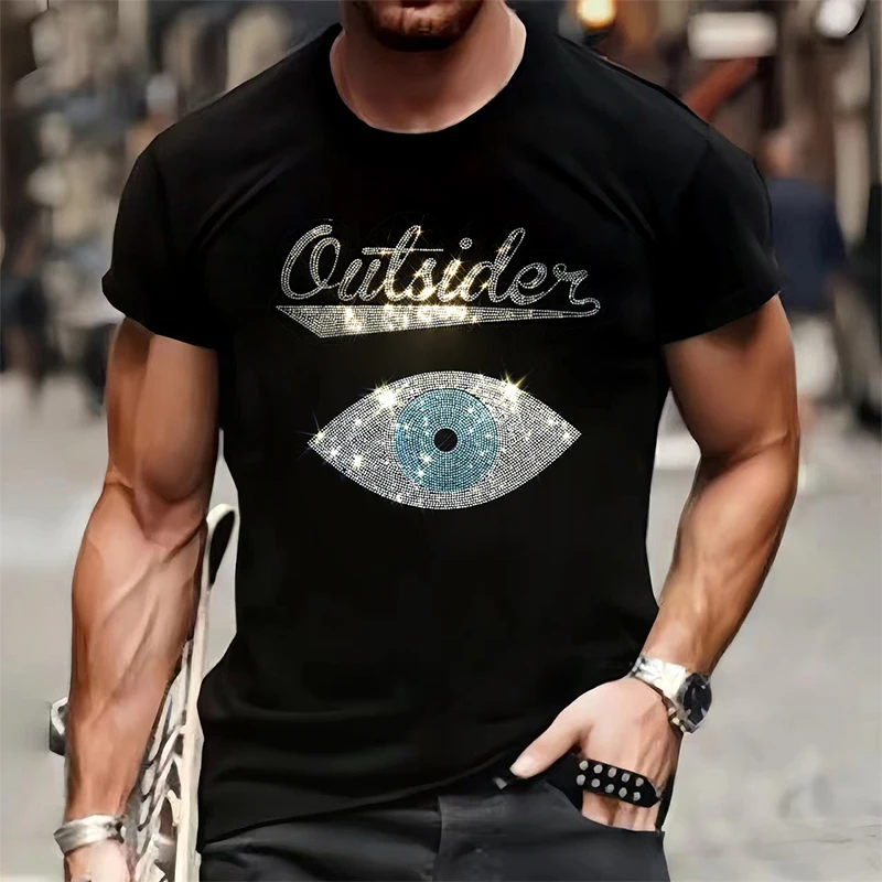 Brand Mens Quality T-Shirts Summer Casual Street Short Sleeve Clothing Tee Tops O-Neck Eye Rhinestone Breathable Tshirt Y2k New