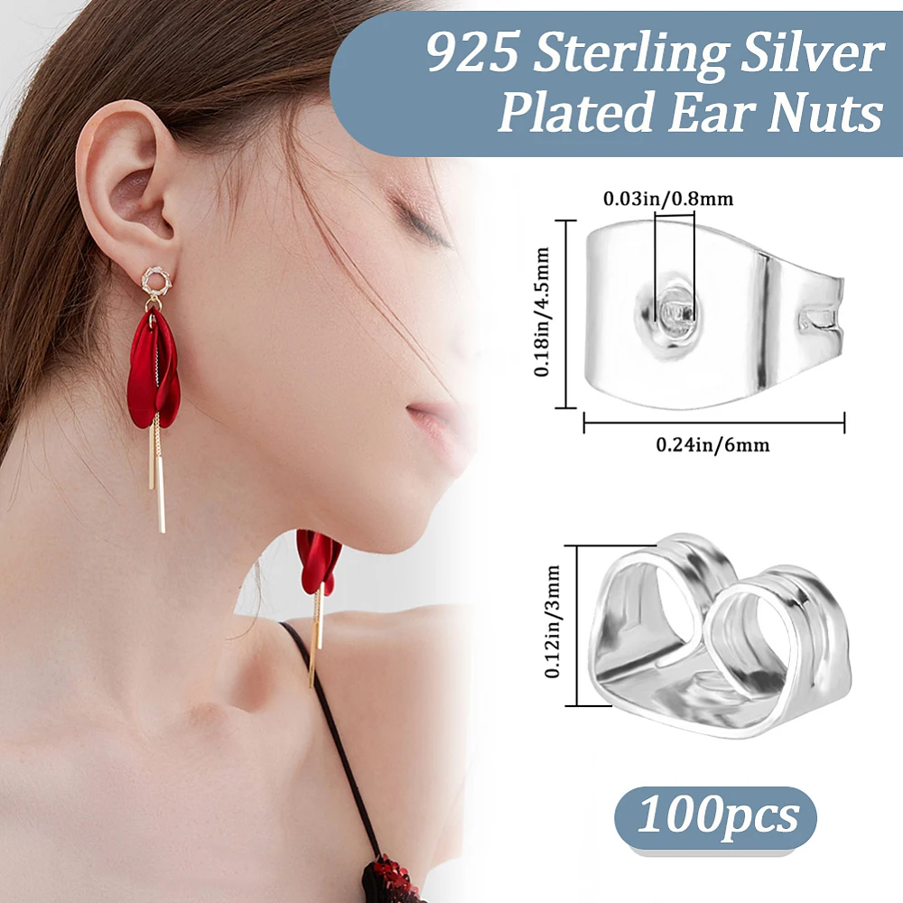 100Pcs Butterfly Earring Backs 925 Sterling Silver Plated Brass Friction Locking Earring Backs Replacements Secure Ear Nuts