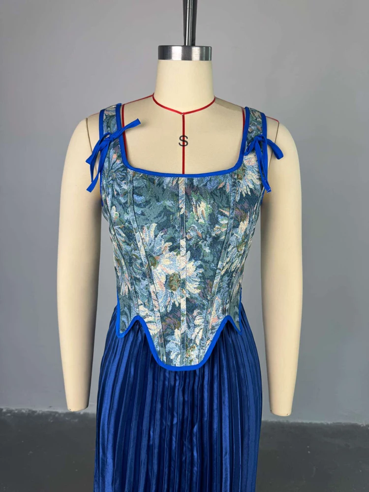 Damen-Kleider-Sets, Blumendruck, Korsett-Oberteil, hohe Taille, plissiert, lange Maxiröcke, Anzug, 2025, Party, Abend, 2-teiliges Set, Outfit – Detail 10