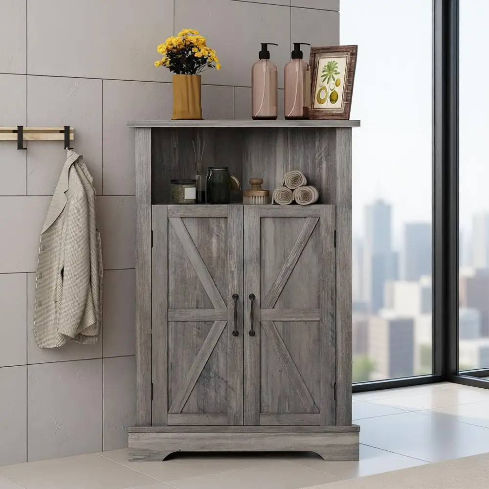

Farmhouse Style Corner Storage Cabinet with Barn Door, Adjustable Shelf for Bathroom, Living Room, Kitchen Organization