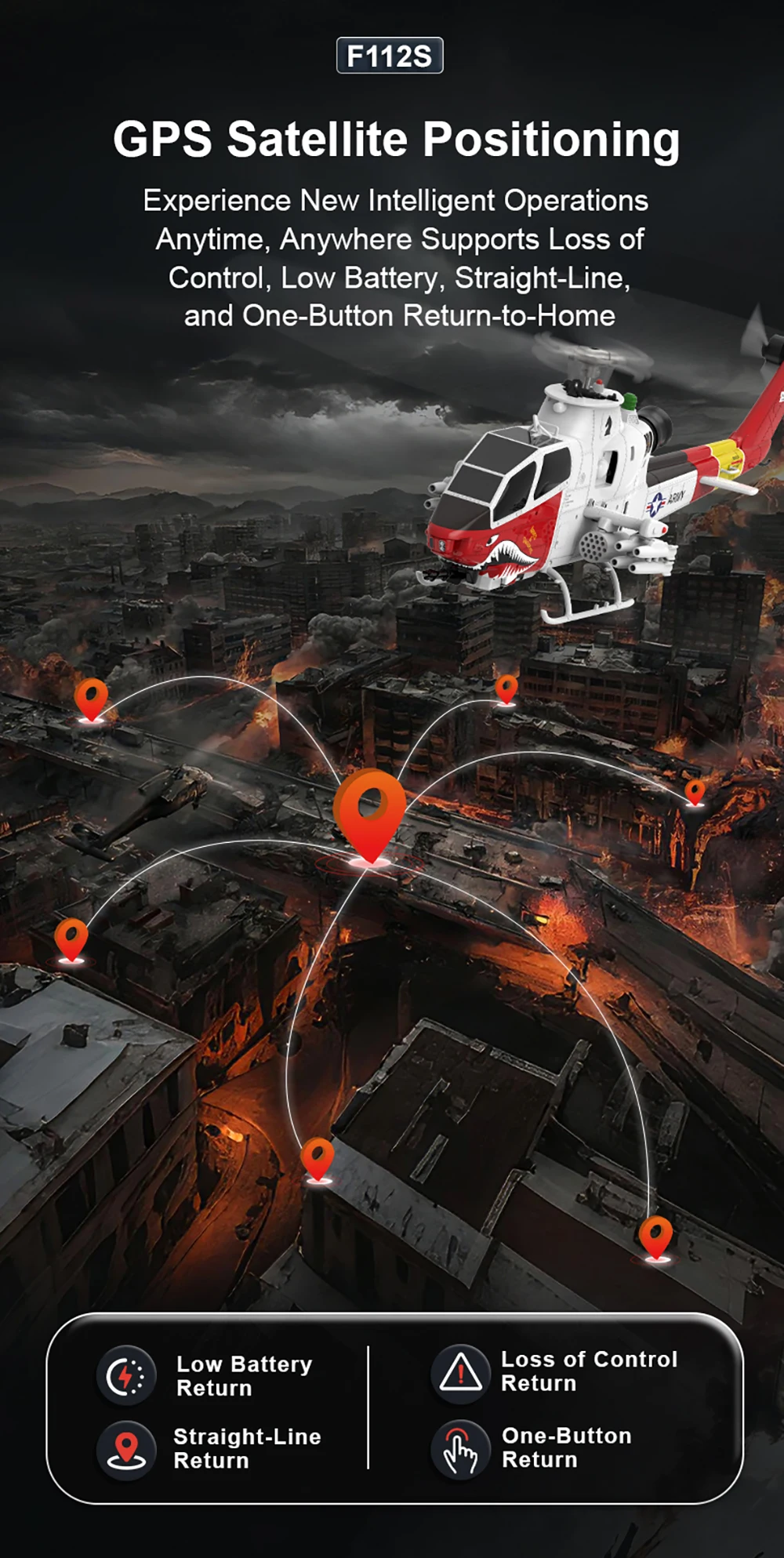

YUXIANG RC Helicopter F112S 9CH Plane 1/32 Brushless 6-axis Gyro GPS Positioning 12min Flight Time with Laser Radar Optical Flow
