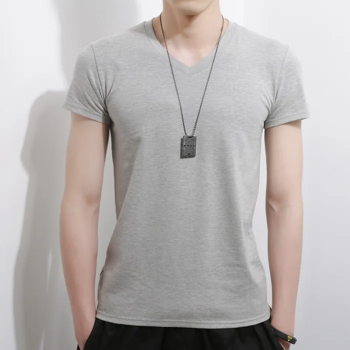 New men's short-sleeved T-shirt Laika cotton solid color slim-fit Korean version tight round V-neck men's base shirt