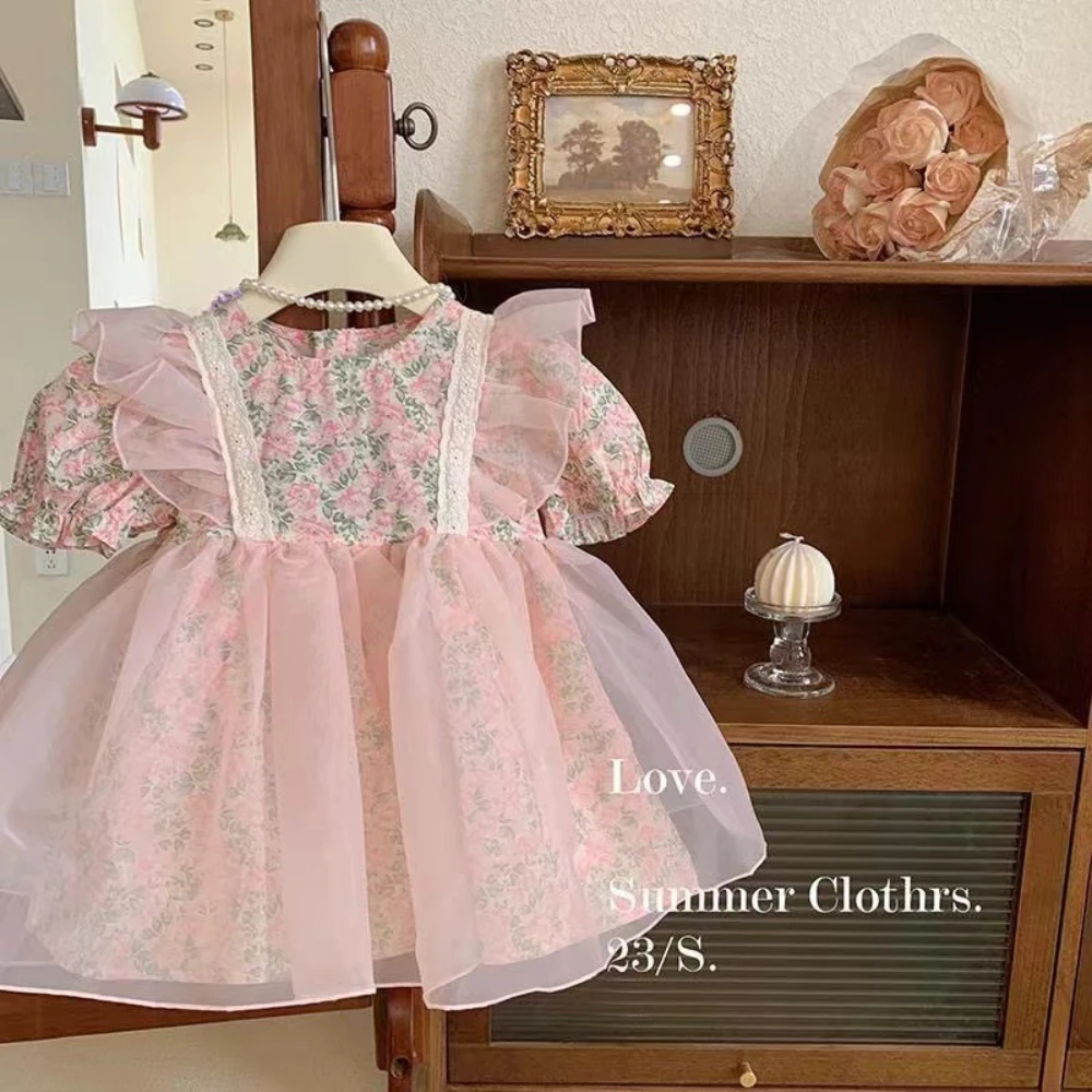 Girls Dress Floral Princess Summer 2024 New Fashion Children Korean Style Puff Sleeve Skirt Girl Floral Dress Birthday Dress