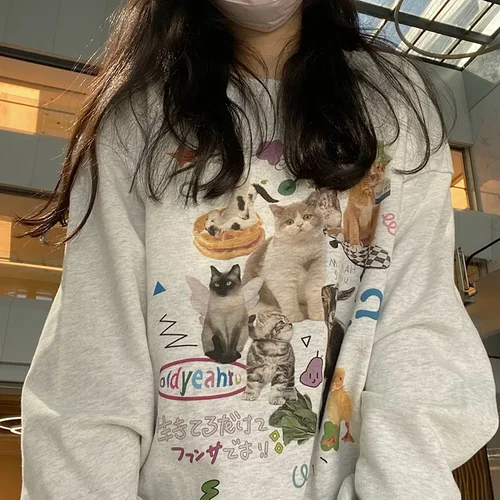 Sudadera con estampado de gato lechero para mujer, ropa de calle de manga larga a la moda, Top Harajuku Y2k con gráfico estético, Otoño e Invierno