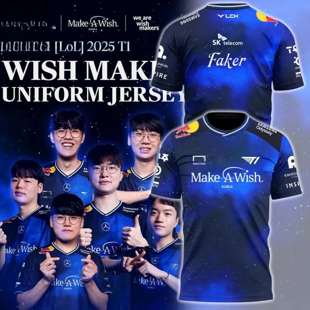 2025 New SKT T1 x Make-A-Wish South Korea Limited Edition Jersey for Men and Women, Quick-Drying and Breathable Sports T-shirt.