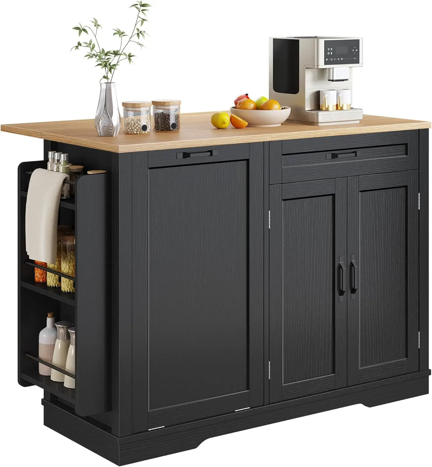 50 Inch Rolling Kitchen Island with Trash Can Storage Cabinet & Drop Leaf, Portable Mobile Islands Table Long Floating Movable