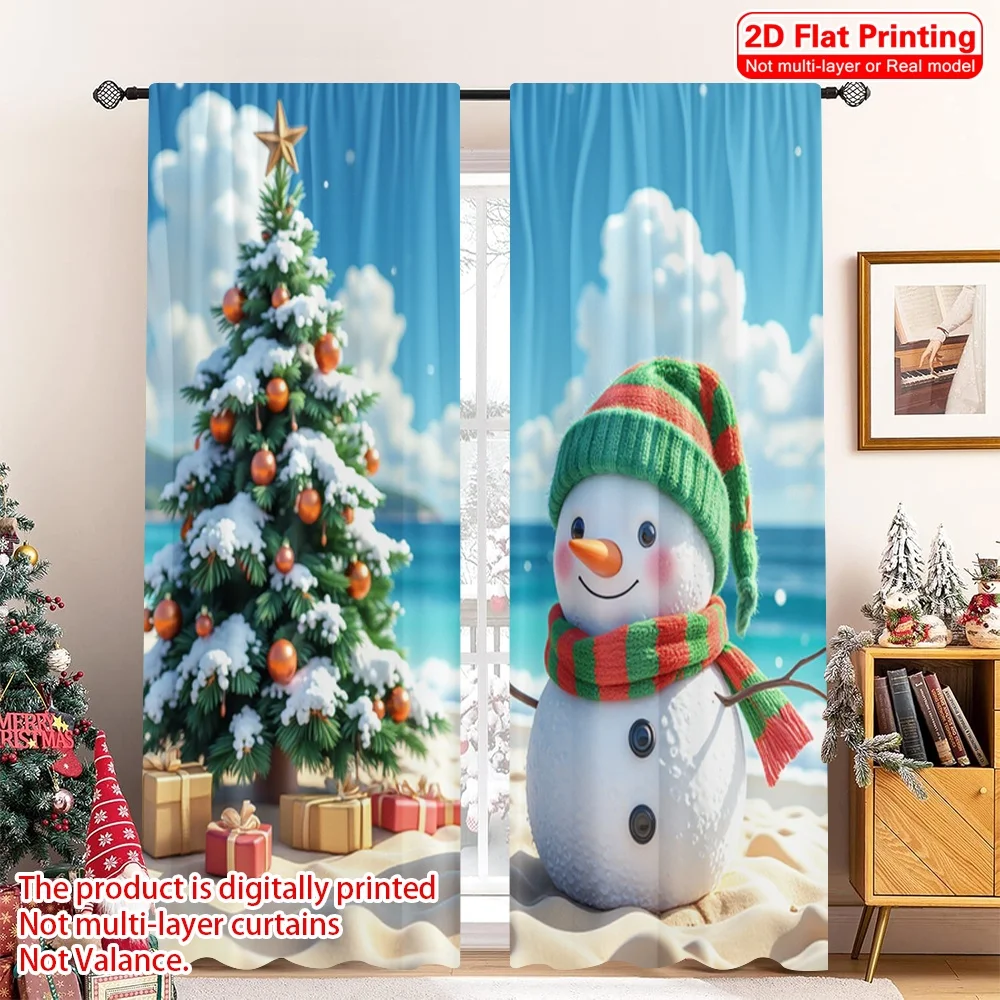 

2pcs 2D flat printing Merry Christmas Curtain Snowman Christmas Beach Tropical Holiday 100% Polyester Without Electricity Spring