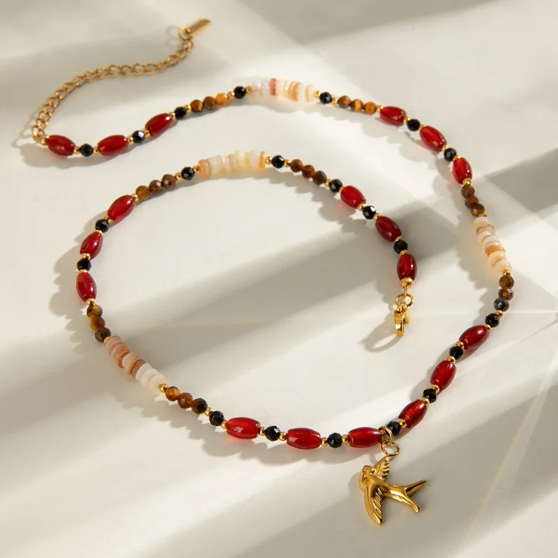 

Minar Unique Design Natural Stone Tigereye Bird Beaded Necklace for Women 18K Gold PVD Plated Stainless Steel Strand Chokers