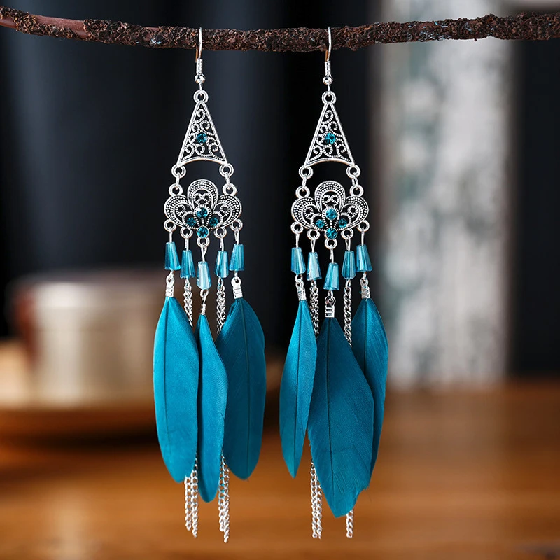 Bohemian Ethnic Long Feather Earrings For Women Retro Elegant Colorful Rhinestone Crystal Drop Earring Female Jewelry Pendientes