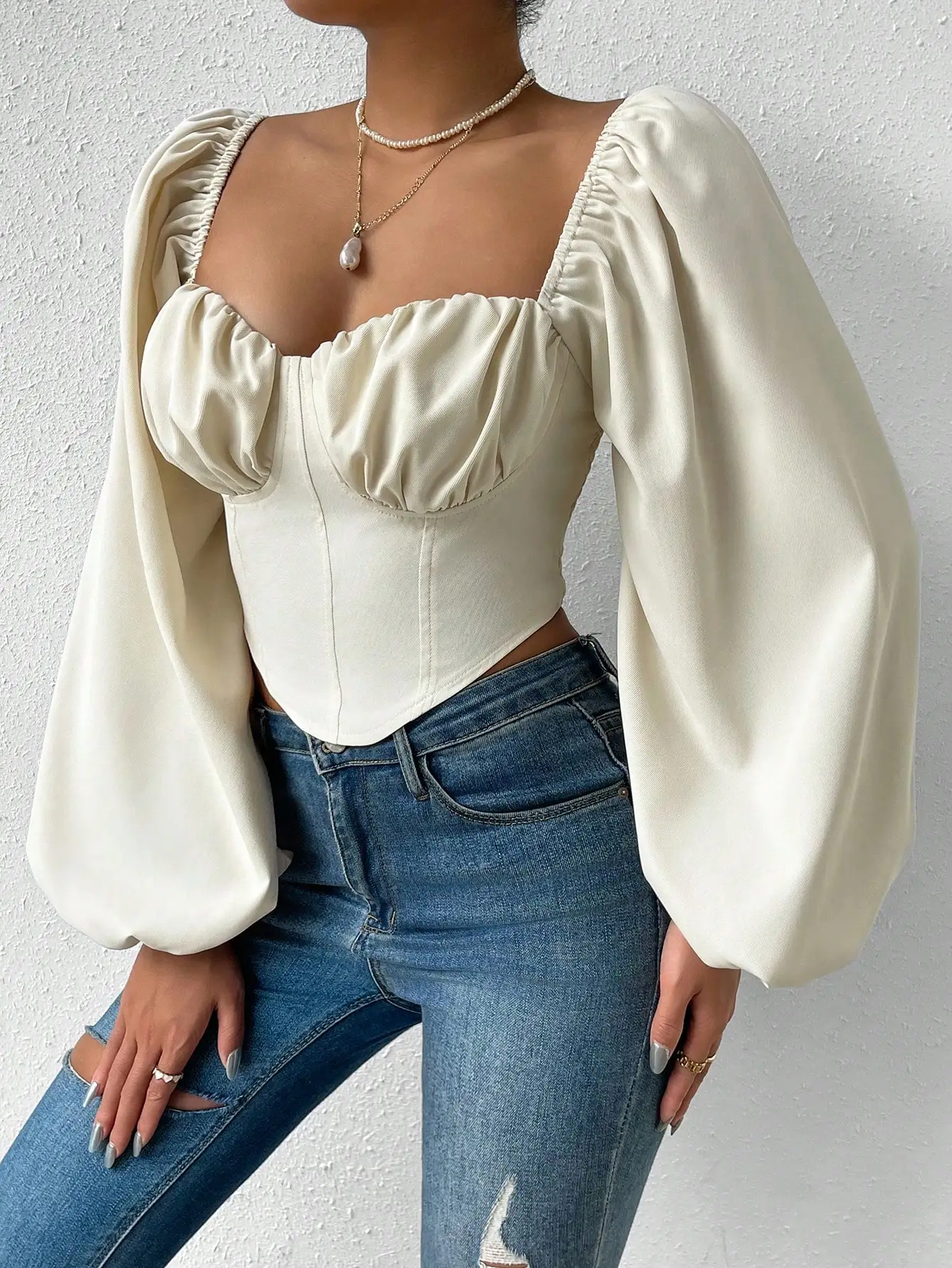 Autumn and Winter New Women Sexy Square Collar Top Bubble Sleeve Shirt Shirt