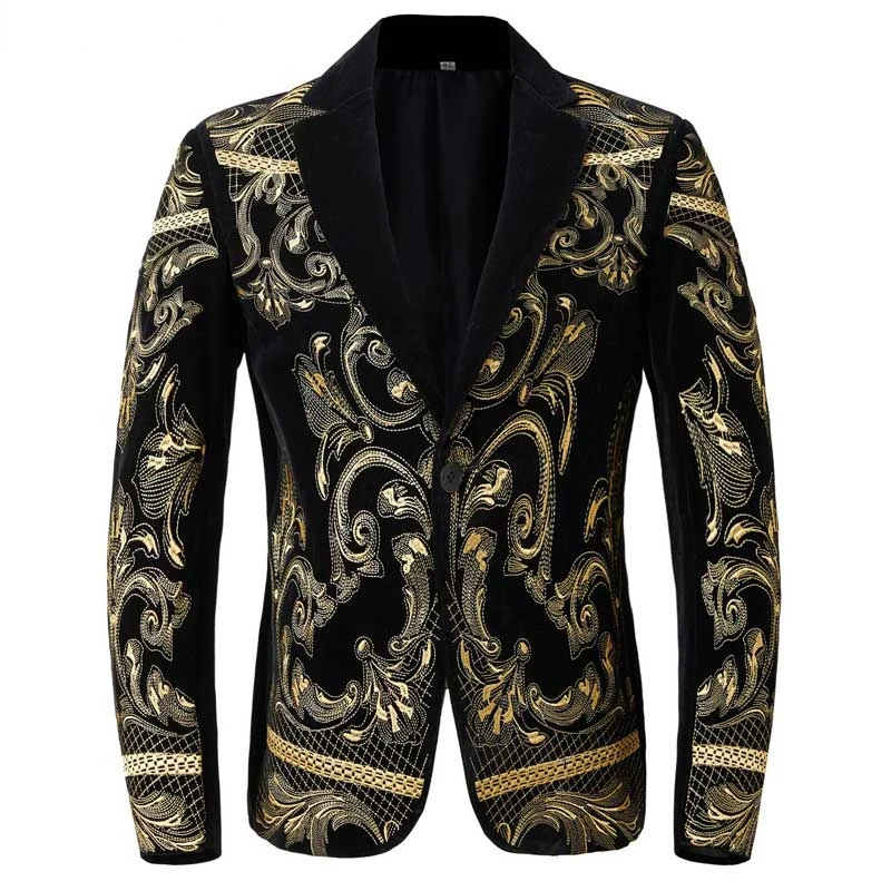 

Luxury Gold Floral Embroidery Black Blazer Jacket Men Peak Lapel One Button Baroque Velvet Suit Jacket for Wedding Party Prom