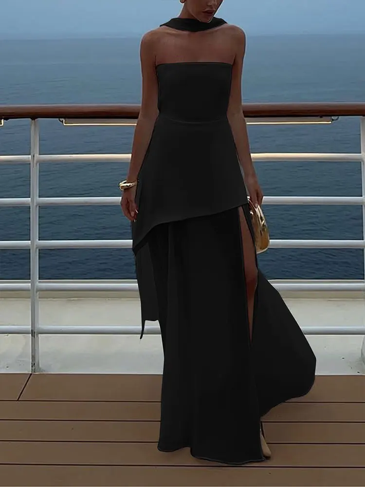 ชุดเดรสยาวสไตล์สตรีทแฟชั่นสำหรับฤดูร้อน  ตกแต่งด้วยริบบิ้นและซิป  ผ่าข้าง  แบบเรียบหรู  เซ็กซี่  ไม่มีแขน  แบบสายเดี่ยว  สำหรับผู้หญิง