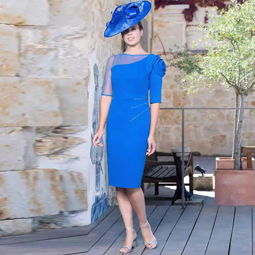 Customized Retro Mother of the Bride Dresses  Crepe Fabric Sheath/Column Groom's Mother Dress  Boat Neck 3D flowers Prom Dress
