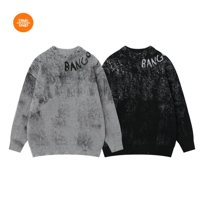 

DAVIDSHAO EU US Size Top Quality Street Outdoor Wear Luxury Men's Clothing Distressed Knitwear Ink Graffiti Winter Sweater