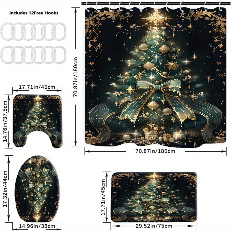 4Pcs Xmas Shower Set, 12 Hooks, Toilet Seat, Bath Mat & Rug, Non-Slip Pad, Toilet Cover, Curtain, Bathroom Accessories