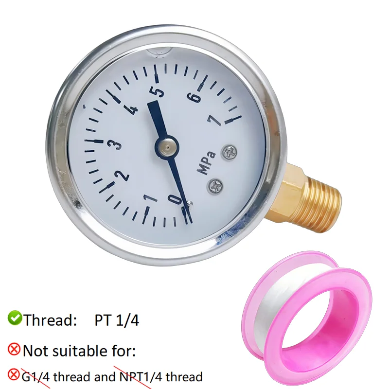 Seismic pressure gauge, Y50 radial seismic pressure gauge 0-7MPa, PT1/4 thread interface, glycerin filled, with PTFE