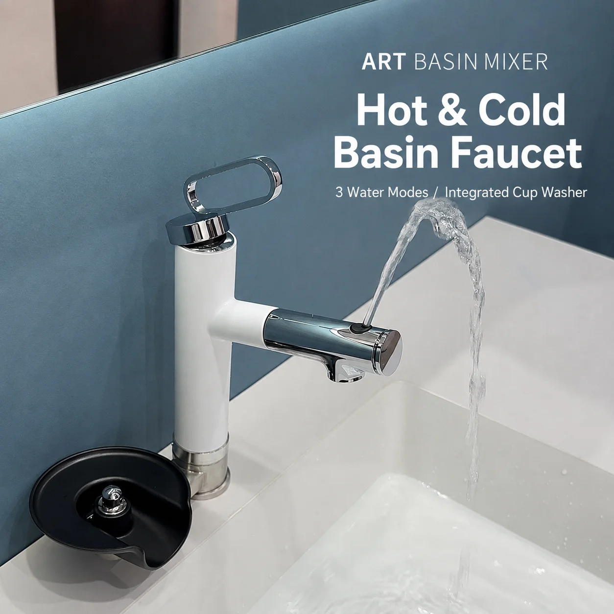 Pull Out Basin Faucet Integrated Glass Cup Washer 3 Modes Fountain Spray Stream Hot Cold Water Mixer Bathroom Vanity Crane
