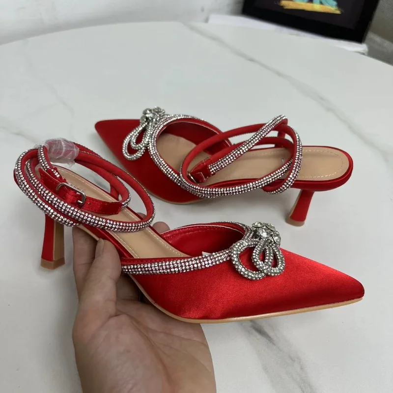 Ankle Strap Shoes for Women 2023 Summer Luxury Diamond Ladies Sandals Sexy Pumps High Heels Pointed Wedding Party Brand Footwear