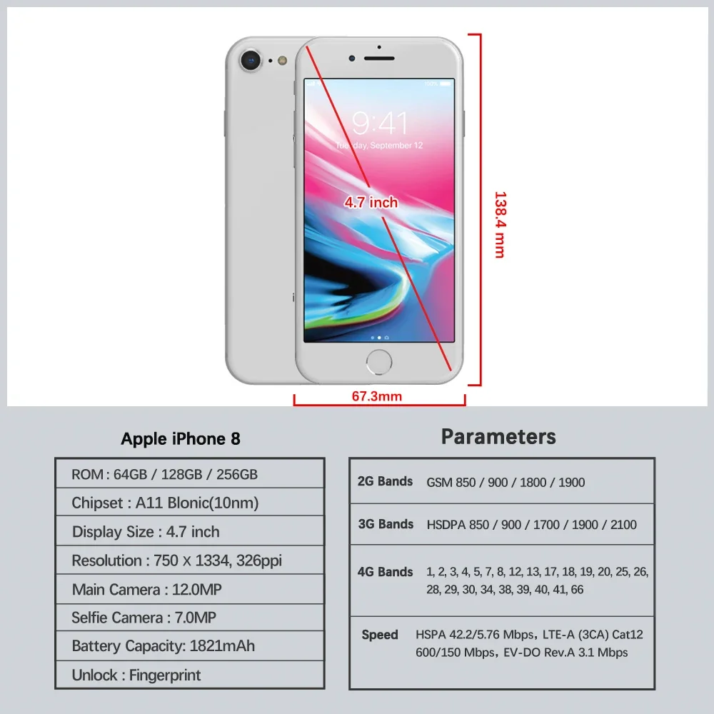 كاميرا Apple iPhone 8 4G LTE 4.7 بوصة Retina True Tone 64/256GB ROM A11 Bionic Hexa-Core 12MP كاميرا ثلاثية الأبعاد تعمل باللمس iOS الذكي #2