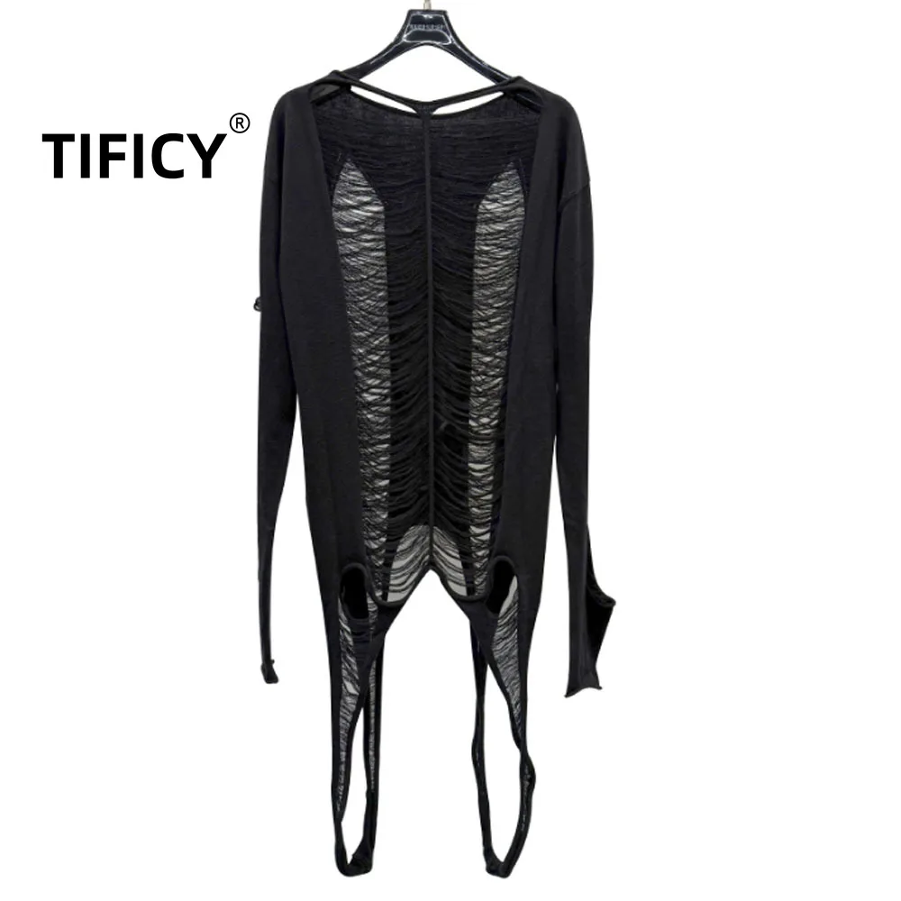 

Dark RO Wind Tassel Hollowed Out Knitted Sweater Women Designed Spicy Girls with A See Through Long Sleeved T-shirts Top