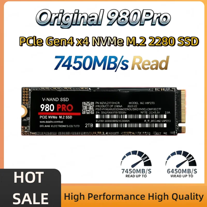 Original 980Pro 1TB 2TB 4TB PCIe Gen4 x4 M.2 NVMe SSD, 3D TLC NAND, 7450MB/s Read, High-End Internal Storage for PC & Laptop.
