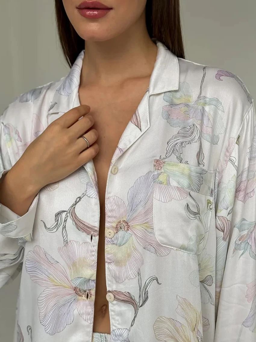 Marthaqiqi Casual Ladies Nightwear Set Long Sleeve Nightgowns Turn-Down Collar Sleepwear Pants Loose Printing Female Pajama Suit