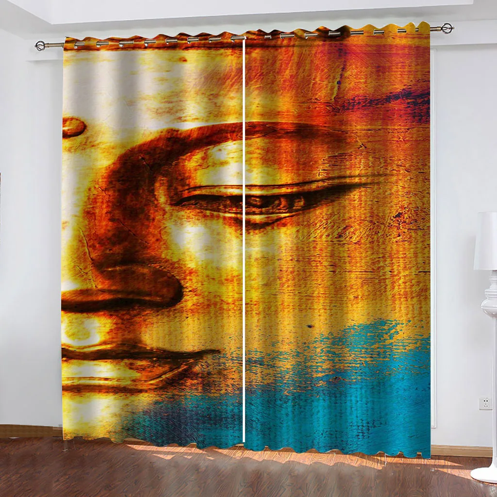 HUANZHUANG Blackout Curtain Room Buddha Statue Art Cheap Modern Curtains For Windows Bedroom Living Room Decor 2 Pieces Free