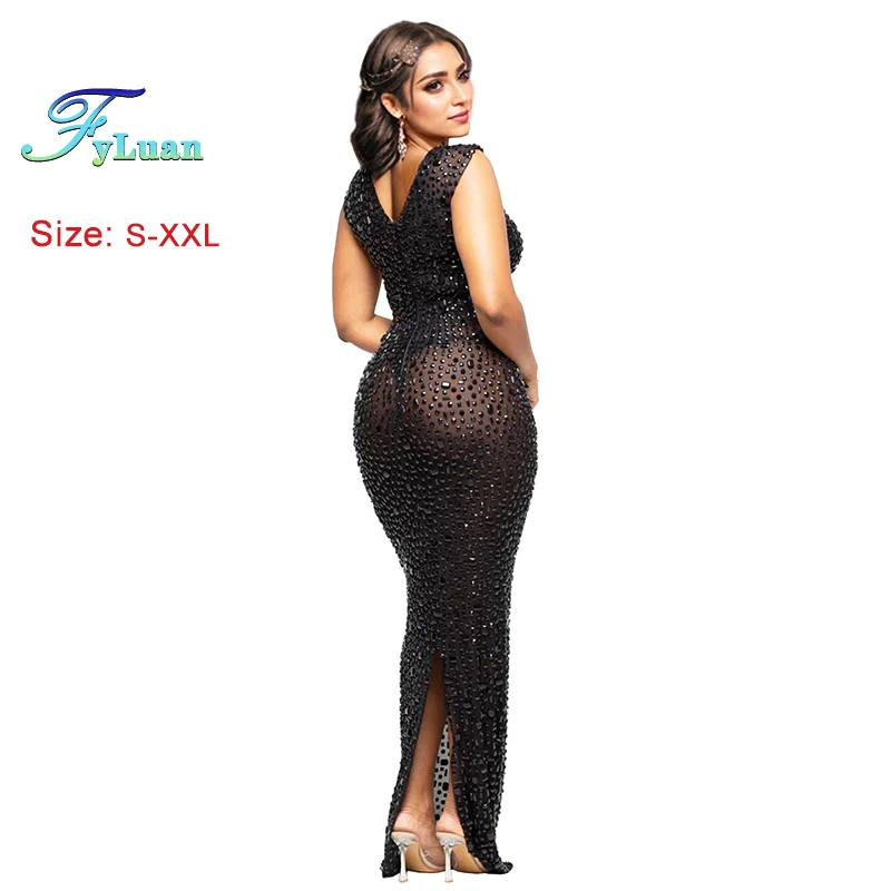 فستان FyLuan عصري بفتحة خلفية نحيف لامع بأحجار الراين بدون أكمام للنساء ملابس صيفية لحفلات الزفاف والسهرات والحفلات الراقصة #3