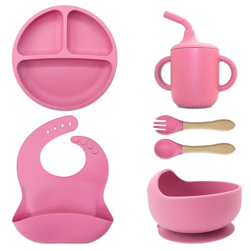 2024 Hot children's tableware baby weaning set baby plate silicone bib sippy cup kids dining silicone baby feeding set bpa free