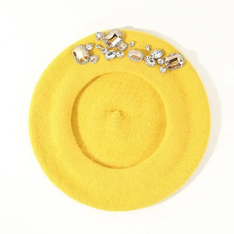 

French Beret Thick Rhinestone Decor Brimless Thermal Decor Wool Artist French Style Painter Hat Women Headwear