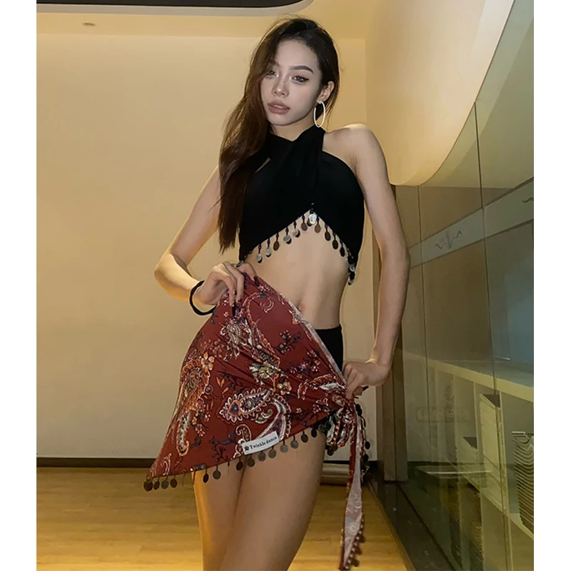 Exotic Charm Latin Dance Clothes Women Halter Neck Sequin Fringed Tops Skirt Adult Rumba Dance Costume Practice Wear DNV21163