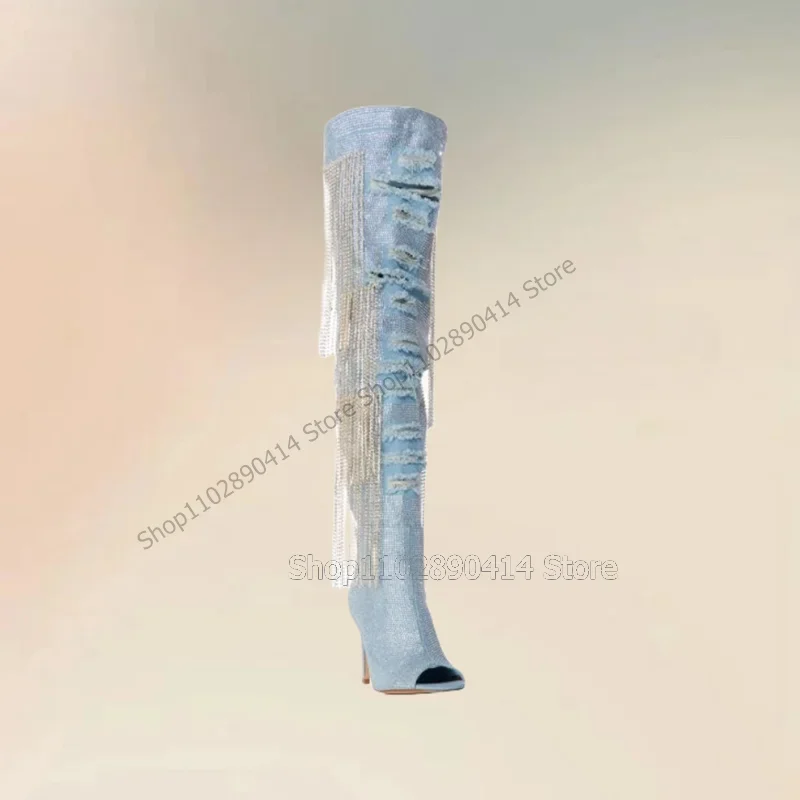 Borlas de cristal, volantes azules, botas con punta abierta y purpurina, Zapatos de Mujer con cremallera lateral, tacones altos finos, nueva moda 2023, Zapatos Para Mujer