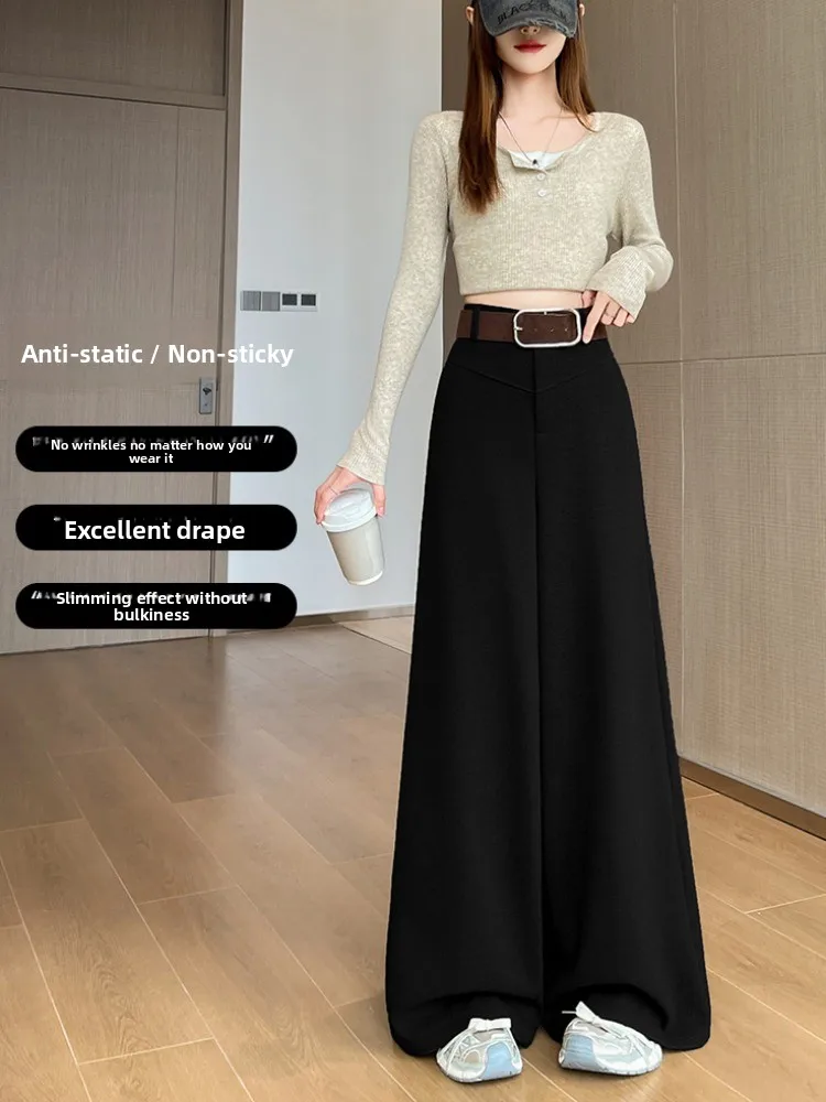 Ele ارتفاع الخصر واسعة الساق دعوى السراويل الخريف الشتاء مادة الصوف مربوط الطابق طول السراويل الكورية Sle قطع مستقيمة