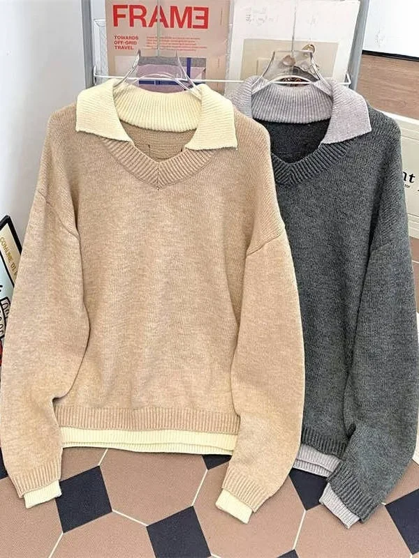 

Loose Knitted V-Ne irt Men's Autumn Winter Faion Brand Lazy Sle Color Blo Fake Two-Piece Sweater Casual Wear