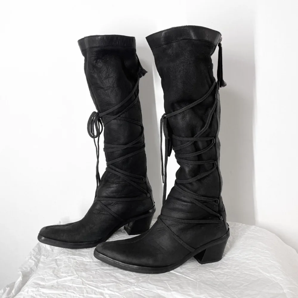 Fashion Women Cross Leather Tied Knee High Boots Round Toe Chunky Heels Solid Retro Zipper Closure Dark Knight Boots Western