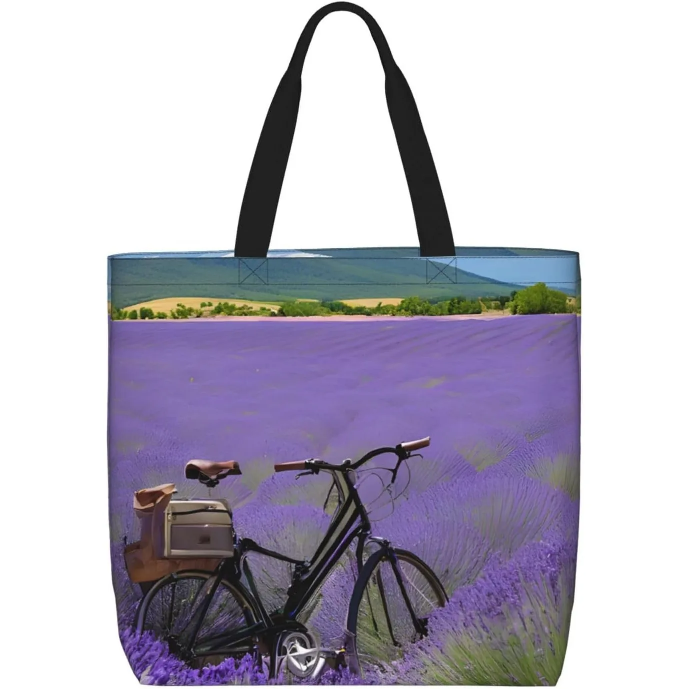 

Lavender Field Retro Bike Agriculture Print Tote Bag Women Single Shoulder Leisure Bag Multi-Purpose Large Shopping Bag.
