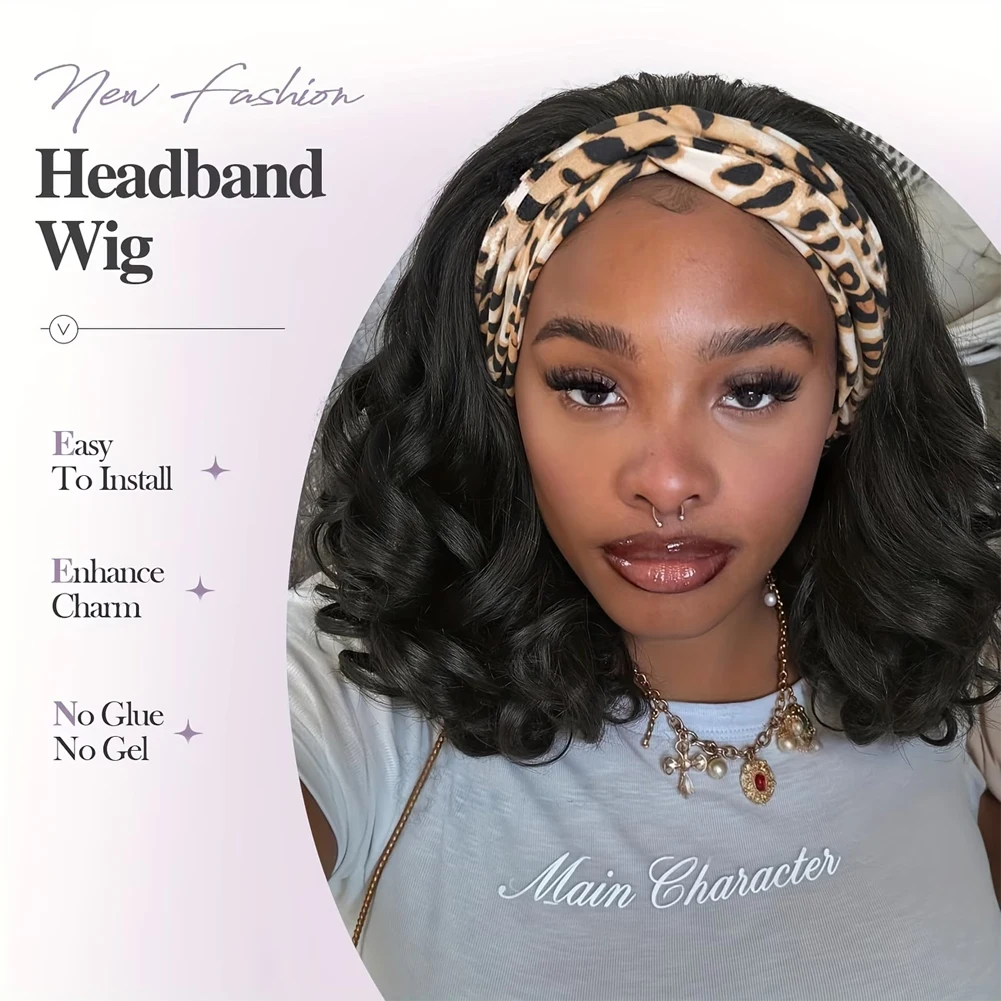 14 Inch Yaki Curly Headband Wigs for Kinky Straight Black Headband Curly Ends Synthetic Wear and Go Glueless Half Wig with Headbands Attached for Daily Party Use