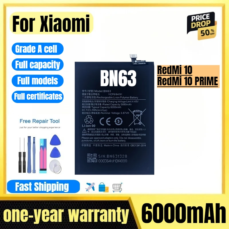 

BN63 for Xiaomi RedMi 10/10 PRIME Mobile Phone Battery High Quality High Capacity Replacement Bateria Grade A Cell with Tools