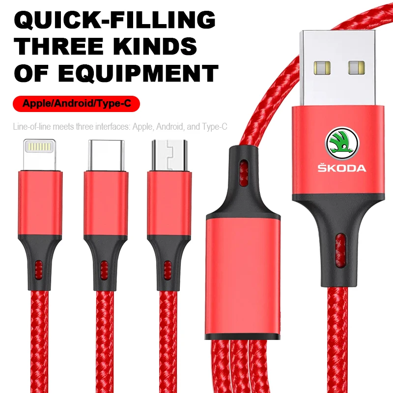 For Skoda Octavia MK2 MK3 2 3 A7 Fabia Karoq Kodiaq 3 In 1 Type C Lightning Micro USB Car Fast Charging Cable Emblem Car Goods