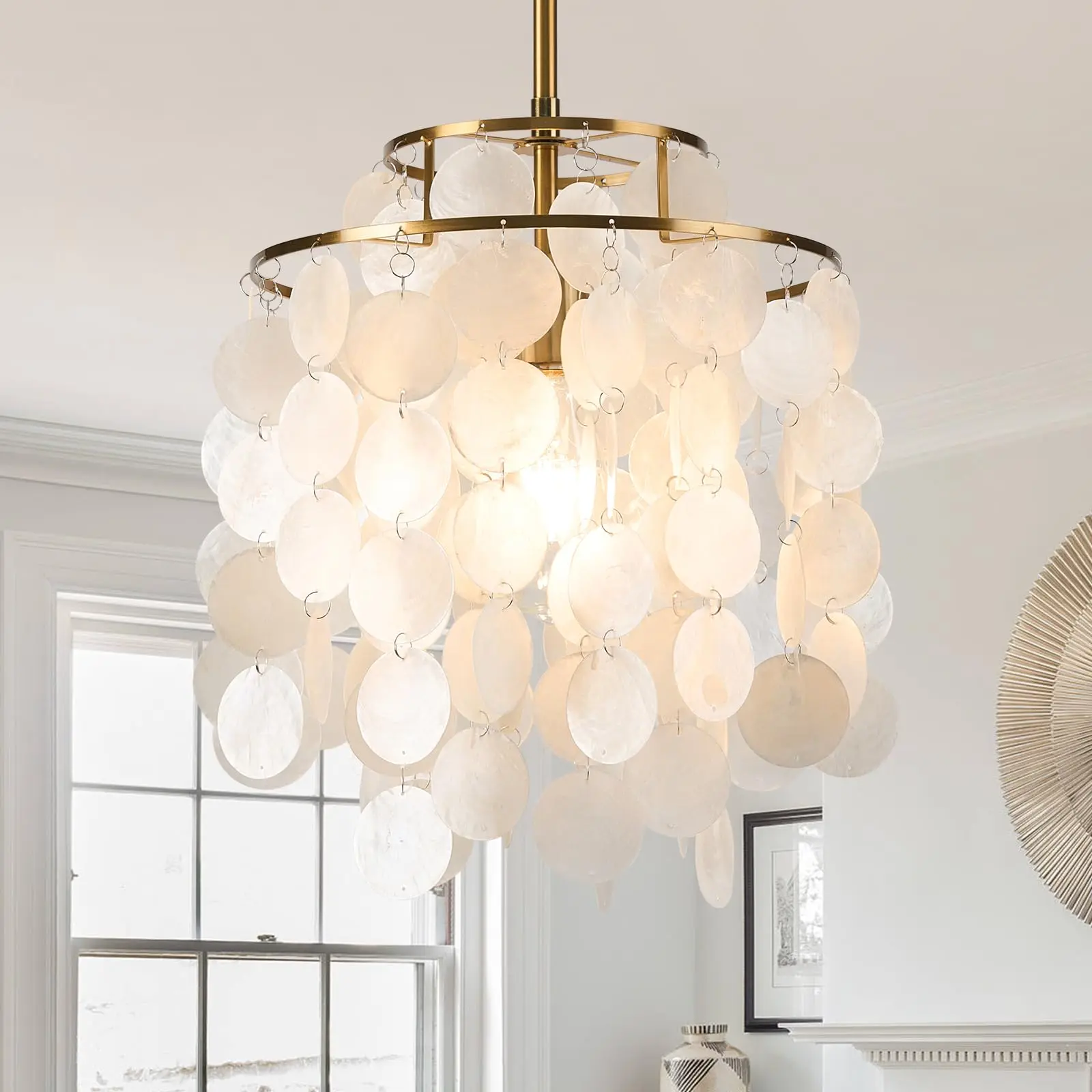 

White Shell Pendant Lights, Brushed Brass Coastal Seashell Chandelier Metal 2 Tiers Ceiling Hanging Light Fixture E26 Socket