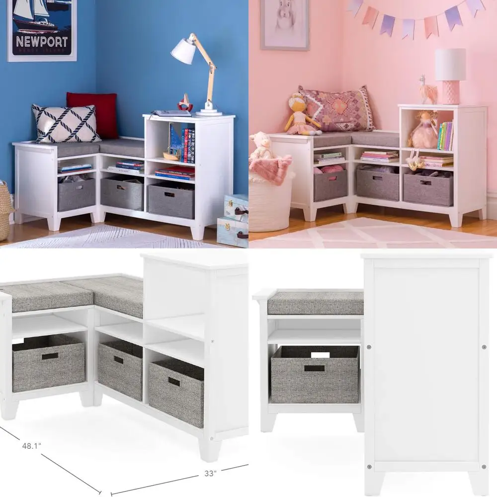 

White Wooden Storage Bench with Cushion and Bins: Linen Kids' Bookcase Organizer for Bedroom or Playroom Reading