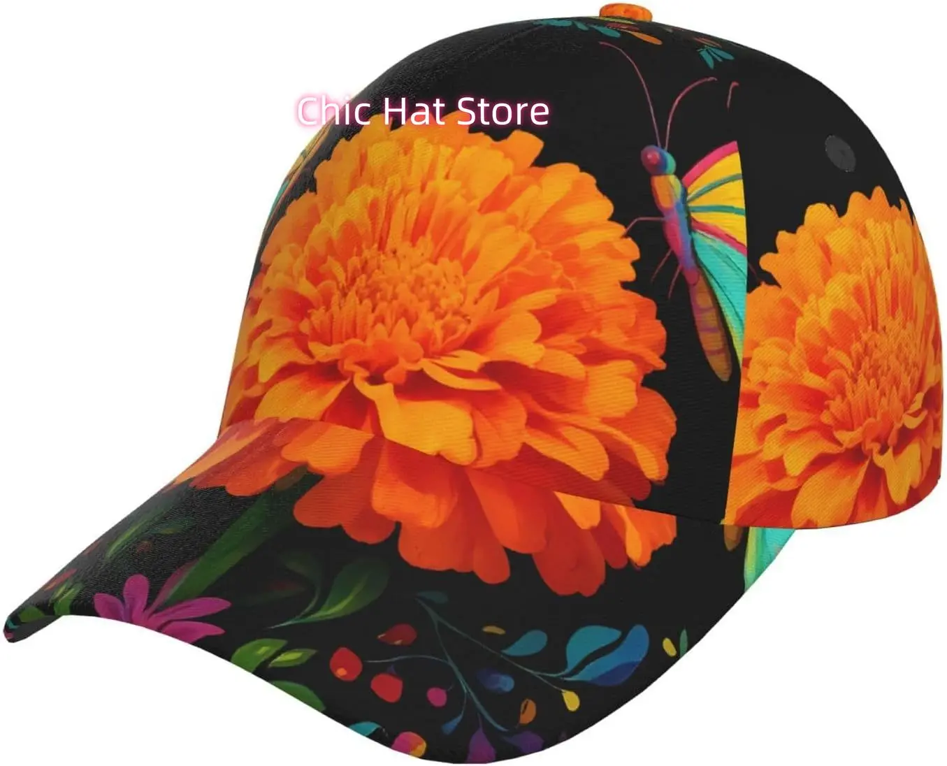 Cute Butterfly Flower Pattern Baseball Cap Adjustable Cotton Baseball Hat for Sports, Outdoor, Travel Gifts for Men Black
