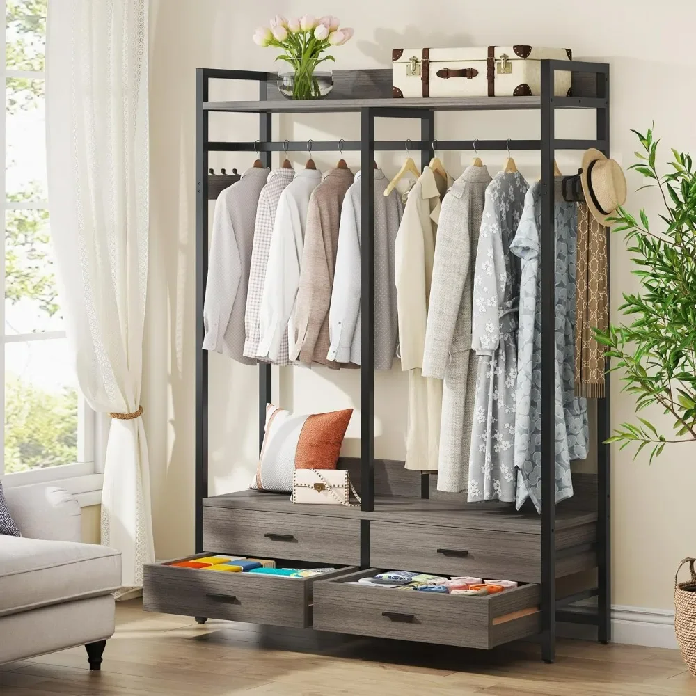 

Freestanding Closet Organizer for Hanging Clothes, Heavy Duty Garment Rack with 4 Drawers, 8 Hooks and Storage Shelves, Wardrobe