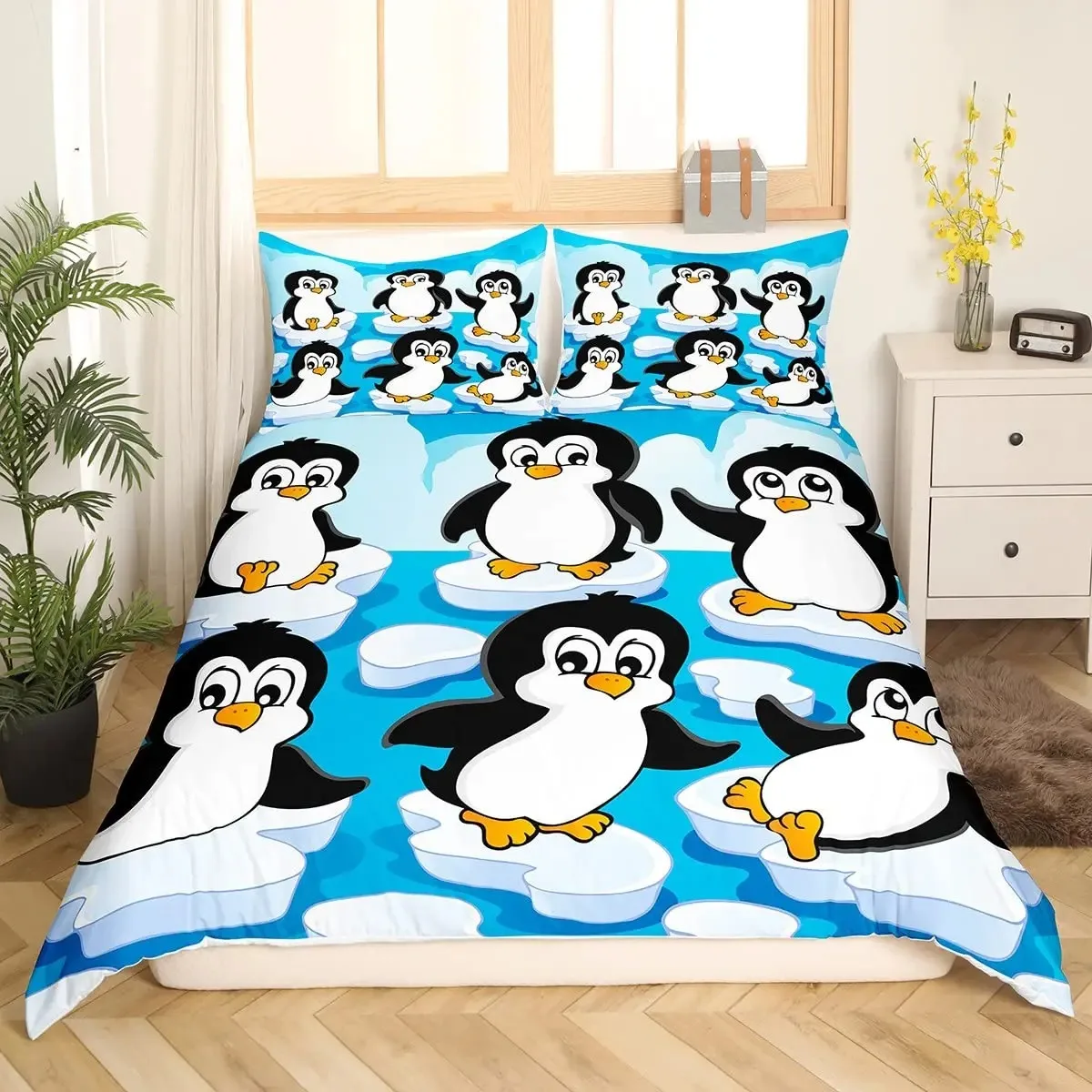 

Penguin Comforter Duvet Cover Kawaii Animal Black White Little Penguin Quilt Cover Set Iceberg Antarctica Winter Bedding Set
