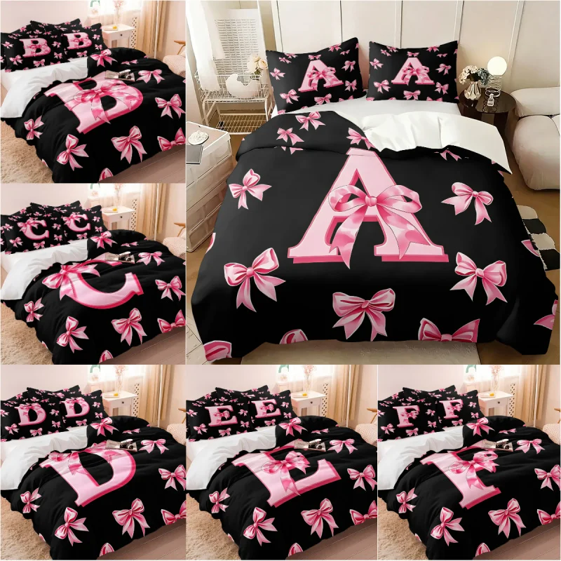 2/3Pcs Pink Bow Initial A-Z Duvet Cover Set, Multi Size Bedroom Bedding Decoration, For Girls Bedroom Gift for Women