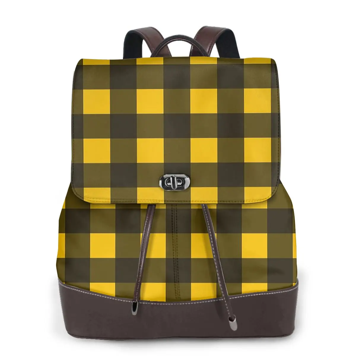 Yellow And Black Buffalo Check Pattern Bookbag School Student Bags Hiking Travel Daypack for Women Fashion Derma Backpack